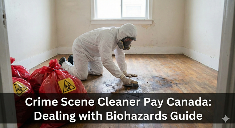 A specialized cleaner in a full white Hazmat suit and respirator scrubbing a stained floor in an empty apartment, with biohazard bags in the foreground.