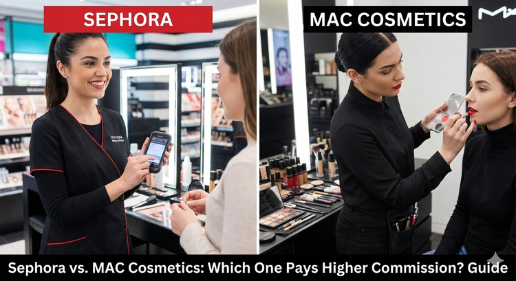 A split screen showing a Sephora employee in a blackred tunic holding a scanning device next to a MAC artist in all black applying lipstick with a palette and spatula.