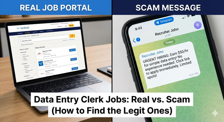A split screen showing a legitimate "Randstad" job portal on a laptop versus a suspicious "Telegram" chat message offering a fake data entry job.