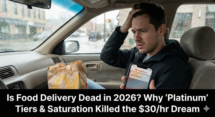A stressed food delivery driver sitting in a car, looking at a phone screen showing a Platinum Status Lost notification from DoorDash, with a McDonald's bag in the passenger seat.