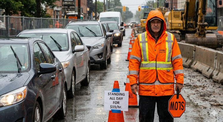A traffic control person in a high-visibility orange vest holding a StopSlow paddle on a rainy construction site, with a line of cars waiting in the background.