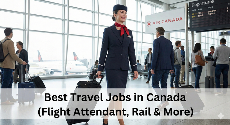 A uniformed Air Canada flight attendant walking through a busy airport terminal with a roller bag, ready for an international layover.