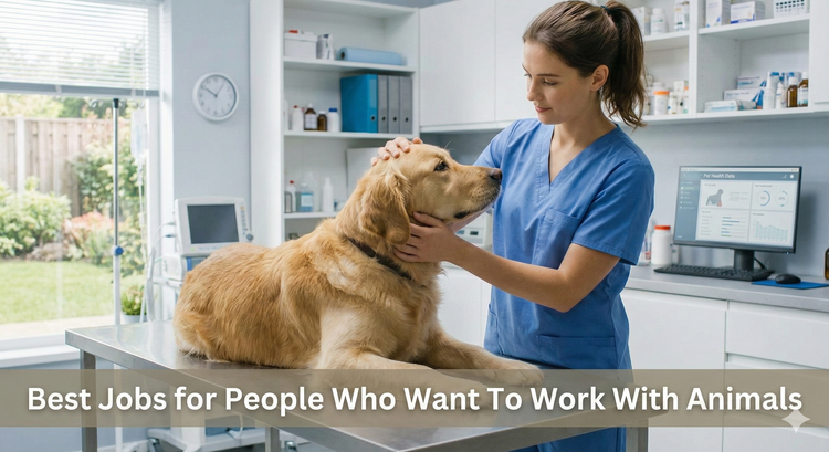 A veterinary assistant comforting a golden retriever on an examination table in a clean, modern vet clinic.