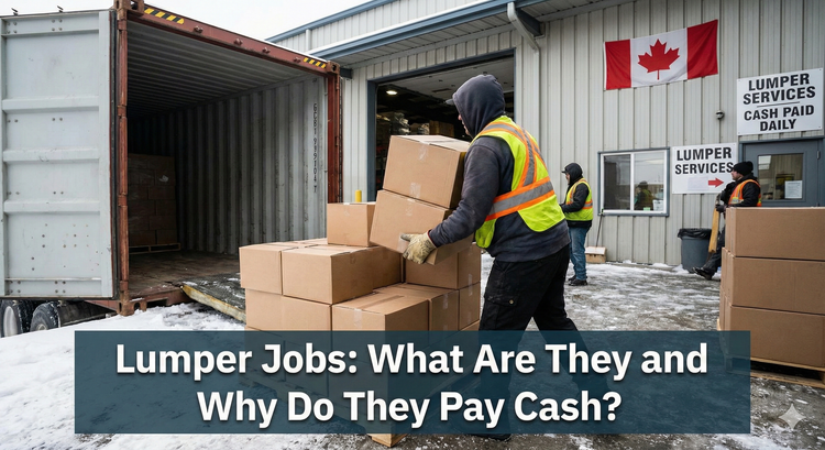 A warehouse lumper manually unloading boxes from a shipping container at a loading dock in Canada.