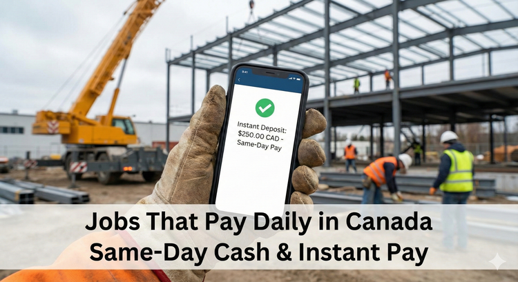 A worker holding a smartphone showing an "Instant Deposit" confirmation screen with a construction site in the background, representing immediate payment for hard work.