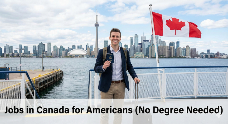 A young American professional holding a passport and a suitcase standing in front of the Toronto skyline with a Canadian flag visible.