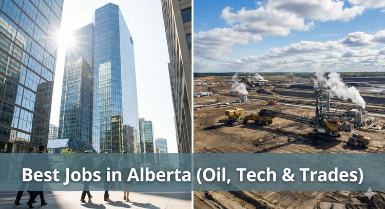 A split image showing a high-tech office tower in downtown Calgary and an industrial oil sands site in Fort McMurray, representing Alberta's diversified economy.
