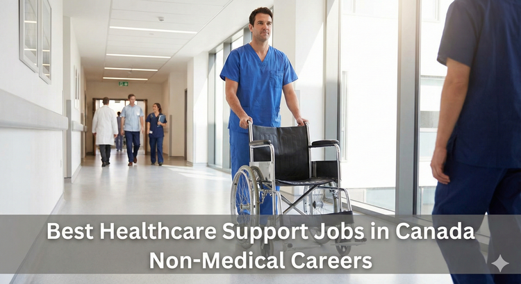 A hospital porter in blue scrubs pushing an empty wheelchair down a bright corridor, representing the essential support staff in healthcare.