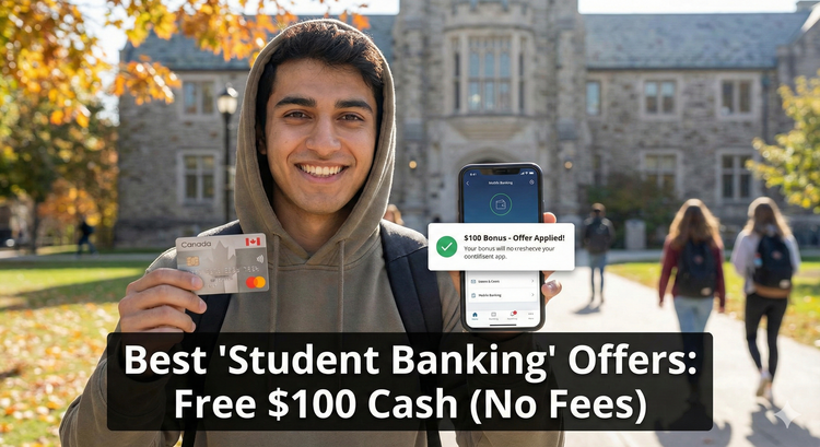 A university student holding a debit card and a smartphone displaying a banking app with a "$100 Bonus" notification, set against a Canadian campus background.