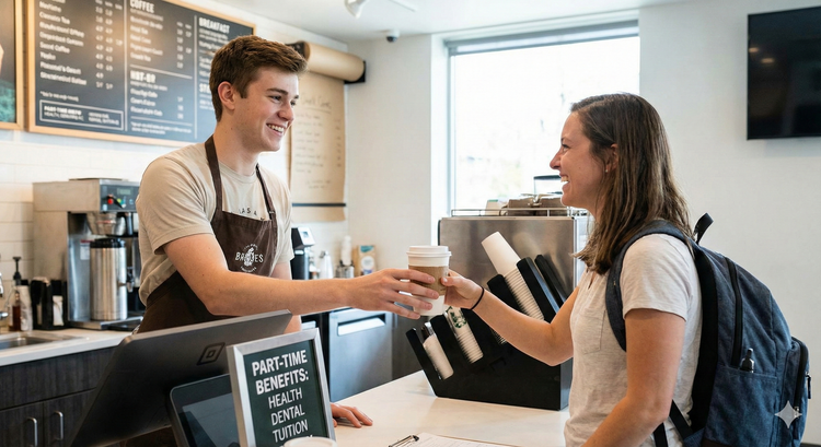 A barista smiling while handing a coffee to a customer, representing the most popular part-time job with full benefits.