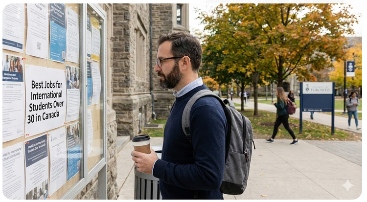A mature student in their 30s wearing a backpack and holding a coffee, looking at a job posting board on a Canadian university campus