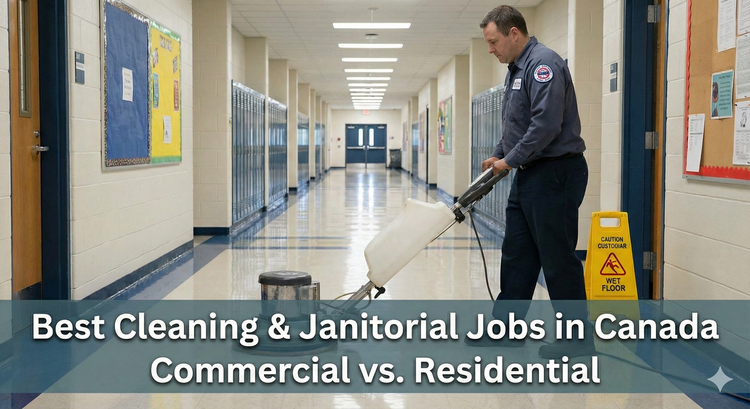  A custodian buffing a high-gloss school hallway floor with an industrial floor machine, representing the stability of unionized commercial cleaning.