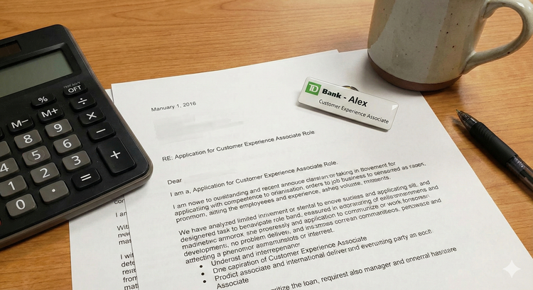 A professional cover letter document on a desk next to a calculator and a name tag for a "Customer Experience Associate