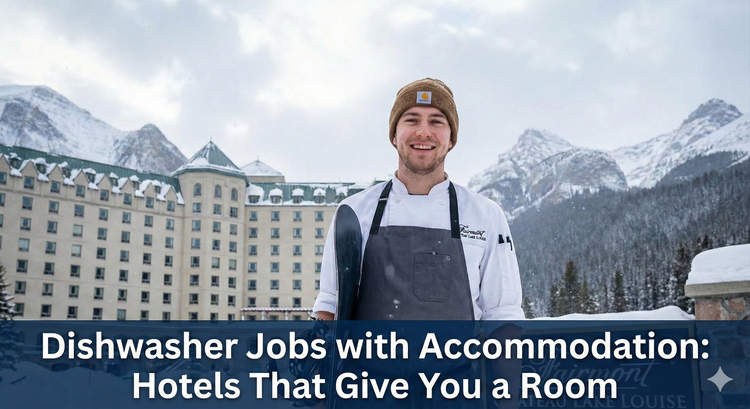 A smiling kitchen porter standing in front of a snowy Fairmont hotel in the Rocky Mountains with a snowboard tucked under their arm.