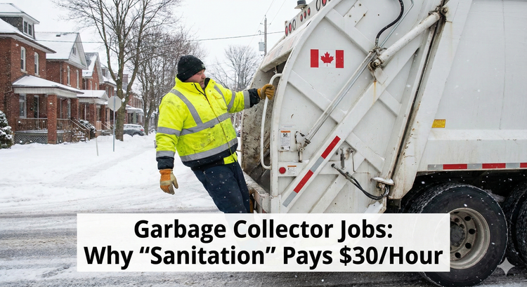 A sanitation worker in a high-visibility yellow jacket riding the back of a garbage truck on a snowy Canadian residential street.