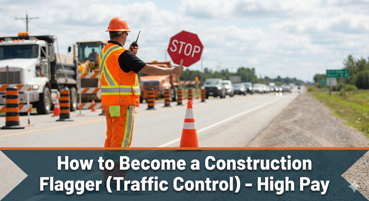 A construction flagger wearing high-visibility orange safety gear holding a STOP paddle on a Canadian highway construction site.