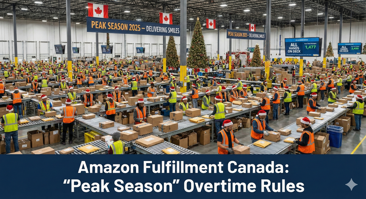 Inside a massive Amazon Canada Fulfillment Centre with conveyor belts moving packages during the busy holiday peak season.