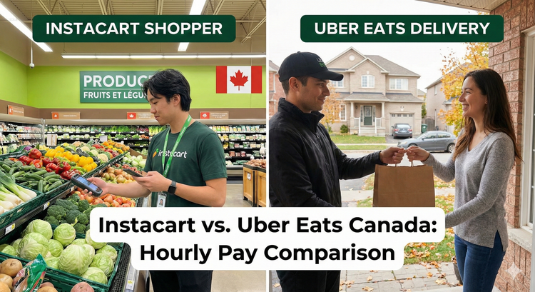 A split screen image showing an Instacart shopper scanning groceries in a Canadian supermarket on the left, and an Uber Eats driver handing a paper bag to a customer on a porch on the right.
