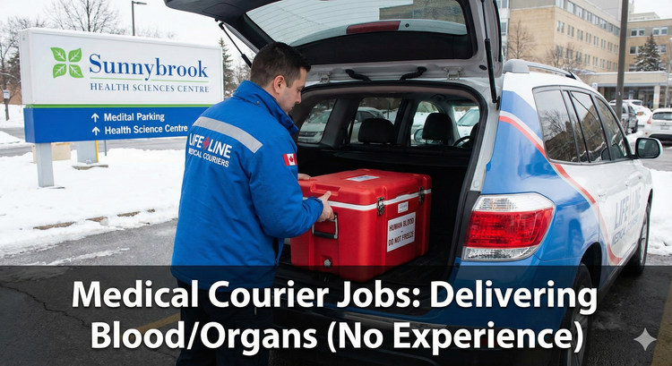 A uniformed medical courier placing a secure, temperature-controlled red cooler into the back of a company vehicle in a Canadian hospital parking lot.