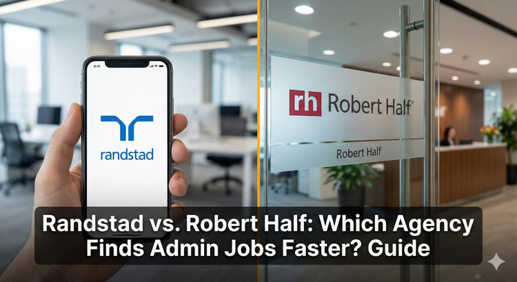 A split screen showing the Randstad blue logo on a smartphone app next to the Robert Half red logo on a corporate office door, with a blurred office background.