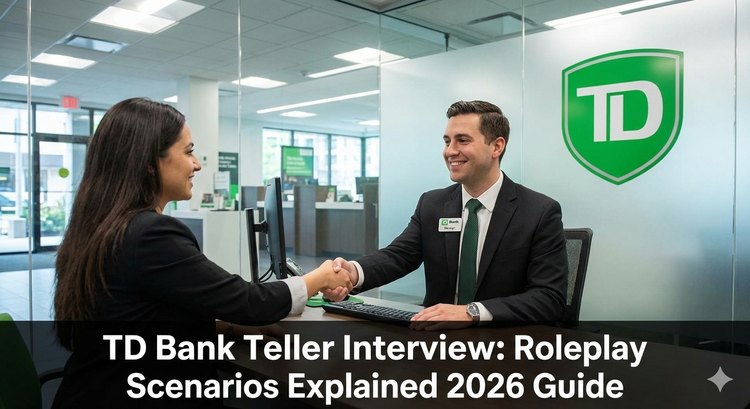 A job candidate shaking hands with a TD Bank manager in a glass office, with a green TD logo visible in the background.