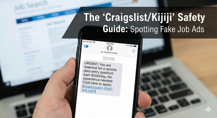 A smartphone screen displaying a suspicious text message job offer with a "Click Here" link, set against a blurred background of a laptop. 
