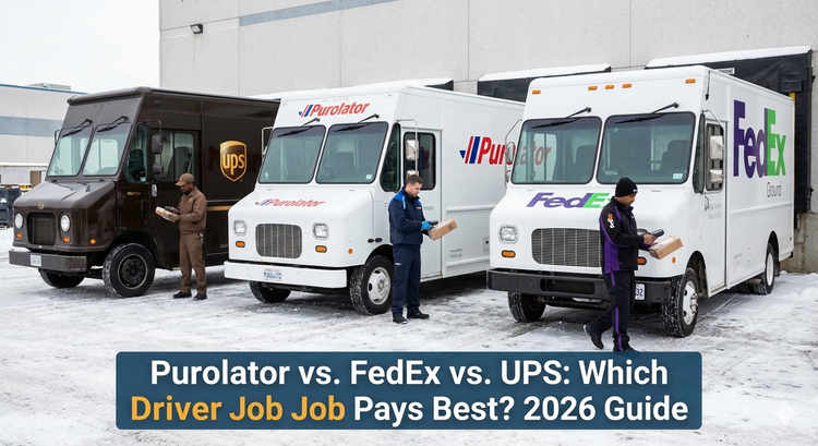 Three delivery trucks parked side-by-side A brown UPS truck, a white Purolator step van, and a whitepurple FedEx truck, with drivers scanning packages. 