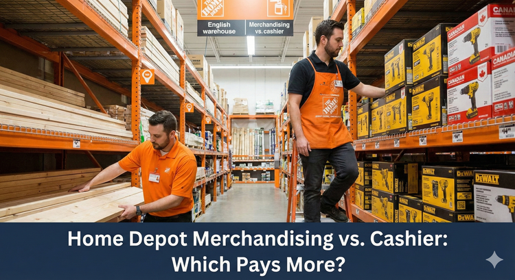 Two Home Depot employees, one wearing an orange apron and one wearing an orange polo shirt, stocking shelves in a Canadian warehouse aisle.