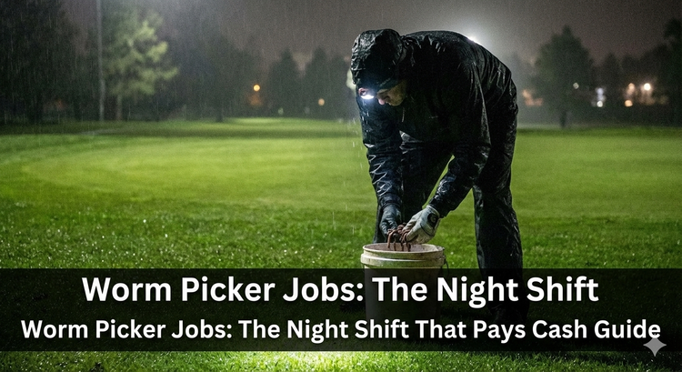 A worm picker wearing a headlamp and rain gear crawling on a wet golf course fairway at night, placing dew worms into a bucket.