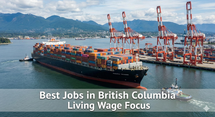 A massive container ship docking at the Port of Vancouver with cranes in the background, representing the high-paying maritime industry.