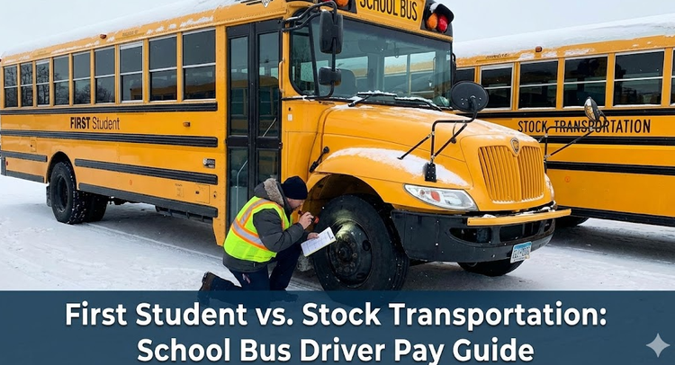 A yellow First Student school bus parked next to a Stock Transportation bus in a snowy lot, with a driver in a high-vis vest performing a pre-trip inspection.