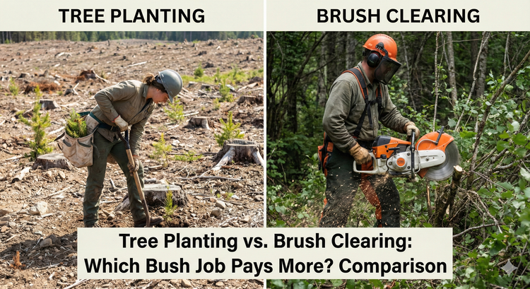 A split image showing a tree planter bending over with a shovel in a clearcut on the left, and a brush clearer operating a large circular saw in a dense forest on the right.