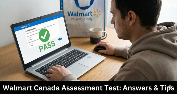 A Walmart Canada candidate taking the online assessment test on a laptop with a green Pass checkmark overlay.
