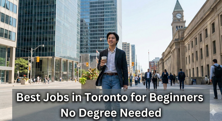 A young professional walking through Toronto's Financial District near Union Station, wearing business casual attire and carrying a coffee.