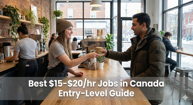 A friendly barista handing a coffee to a customer in a modern cafe, representing the most common entry-level job in the $15-$20 range.