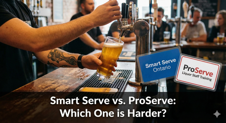 A bartender pouring a draft beer with a Smart Serve and ProServe card visible on the counter.