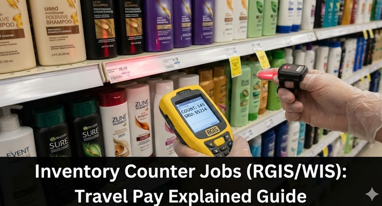 A close-up of an inventory counter's hand holding a specialized yellow RGIS scanner and wearing a finger laser, counting rows of shampoo bottles on a retail shelf.