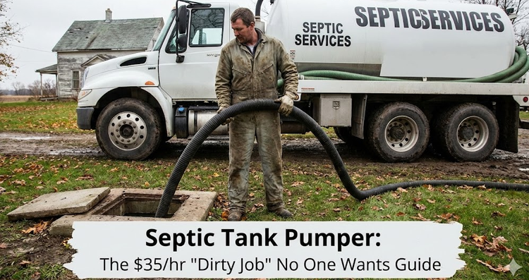 A septic tank truck driver in coveralls holding a thick suction hose near an open septic lid on a rural lawn.