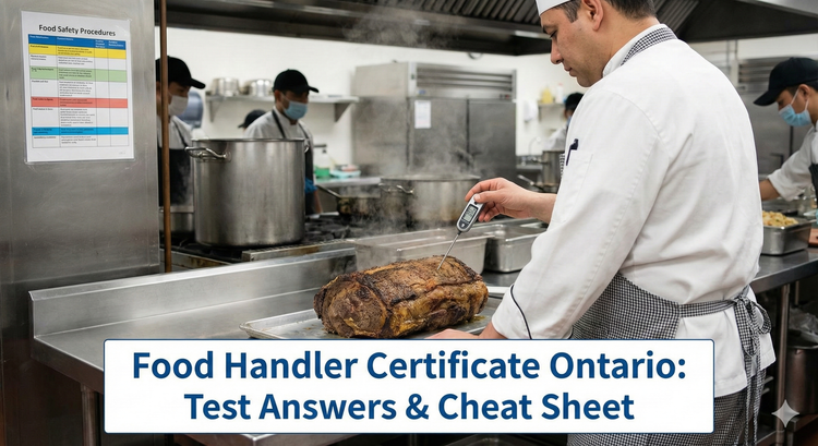 A chef in a commercial kitchen holding a thermometer and checking food temperature, illustrating food safety practices.