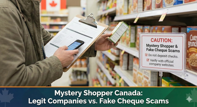 A person holding a clipboard and a smartphone in a grocery store aisle, discreetly evaluating products, next to a warning sign about fake cheques.