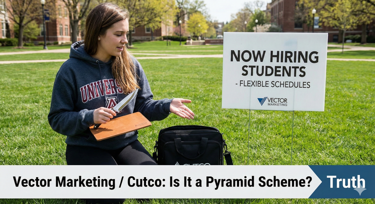 A university student holding a Cutco knife demonstration kit, standing next to a "Now Hiring Students" lawn sign.