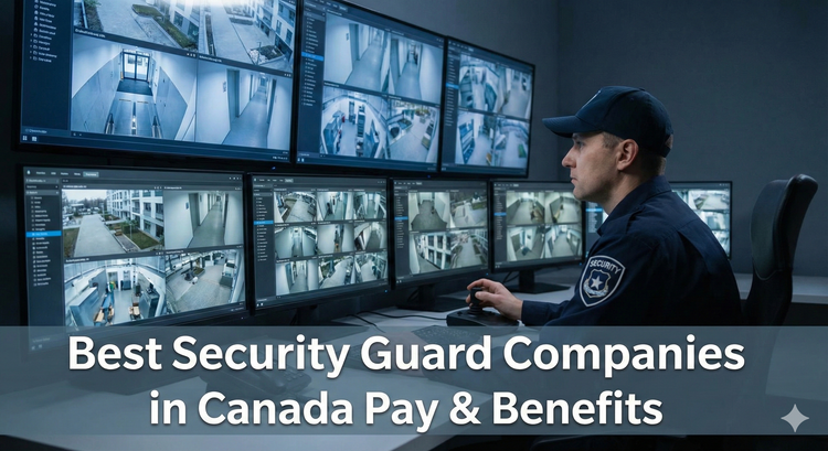 A uniformed security guard monitoring high-tech screens in a control room, representing the professional side of the security industry.
