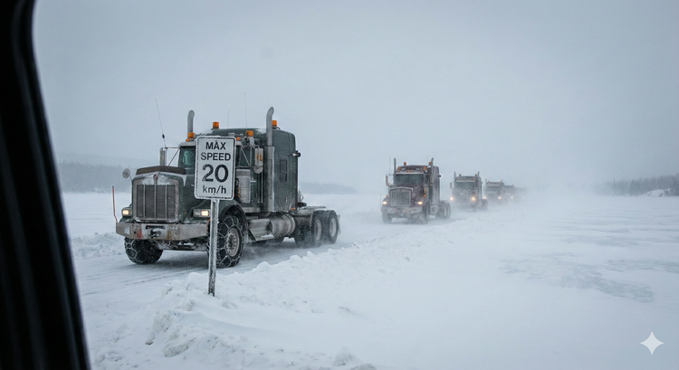  A convoy of heavy-haul semi-trucks driving on a frozen lake road in the Northwest Territories during a blizzard, with a "Speed Limit 20km/h" sign visible. 