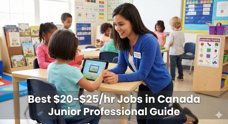 An educational assistant helping a child with a tablet in a classroom, representing a meaningful and well-paid career in the $20-$25 range.