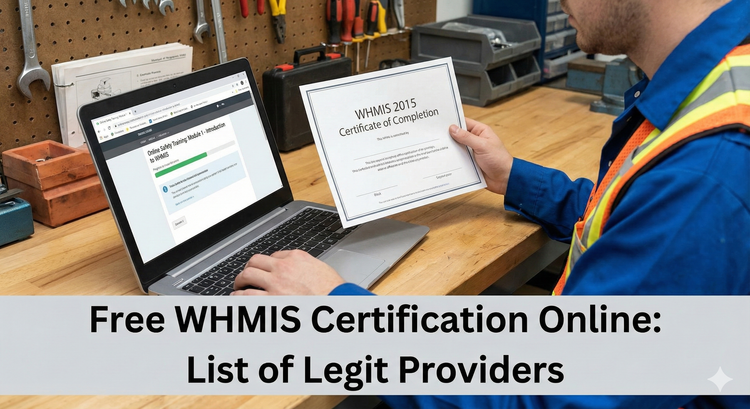 A worker holding a WHMIS certificate next to a laptop displaying a safety training course.