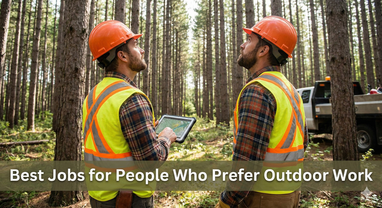 A forestry worker in a hard hat and high-vis vest standing in a Canadian pine forest, holding a tablet and looking up at the trees.