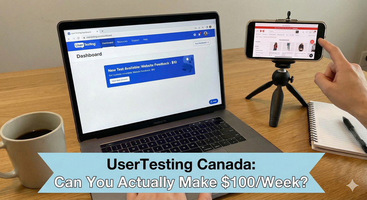 A laptop screen showing the UserTesting dashboard with a "Test Available" notification, next to a smartphone recording a website test.