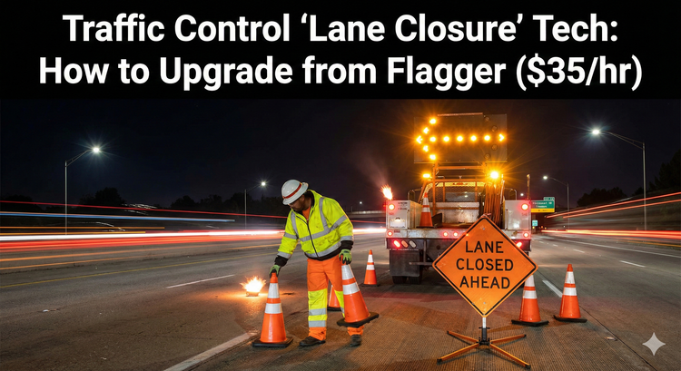 A Lane Closure Technician (LCT) setting up orange traffic cones on a highway at night, standing next to a truck with a flashing arrow board. 