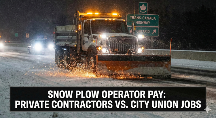 A heavy-duty municipal snow plow clearing a snowy Canadian highway at night, with orange sparks flying from the blade scraping the asphalt.