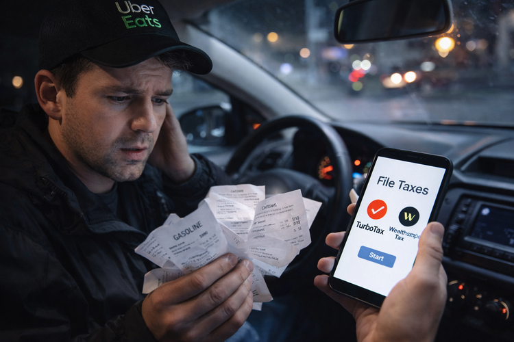 A stressed Uber Eats driver sitting in their car at night, looking at a pile of gas receipts and a smartphone displaying a tax app.